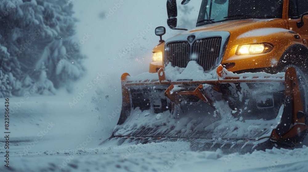 Close-up of snowplow blade lifting snow, intense snowfall and swirling winds, road gradually becoming visible Close-up of snowplow blade lifting snow, intense snowfall and swirling winds, road gradually becoming visible