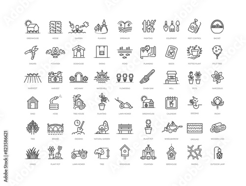 Set of outline gardening and landscaping icons