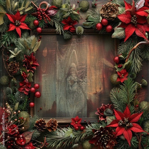 Festive Christmas Frame with Red Poinsettia and Pine Cones on Wooden Background