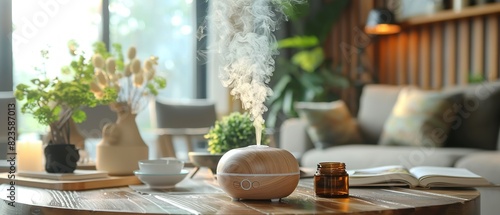 A close shot of a digital humidifier kept on on tea table in living room with a blurry backdrop of couch and sofa with a beautiful interior  Generative AI.
