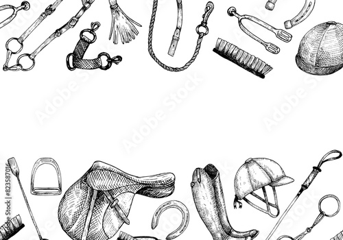 Graphic vector banner or template with illustration of horse saddle, horseshoe, helmet, snaffle, boot, whip . Boot, helmet. Hand painting. Horse equipment, for horse sport, riding
