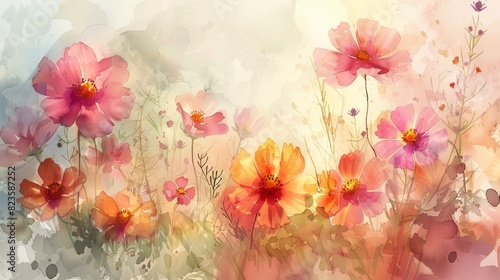 The image is a watercolor painting of a field of flowers
