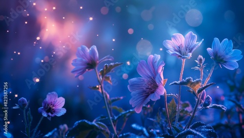 Wildflowers with glowy lights at night.