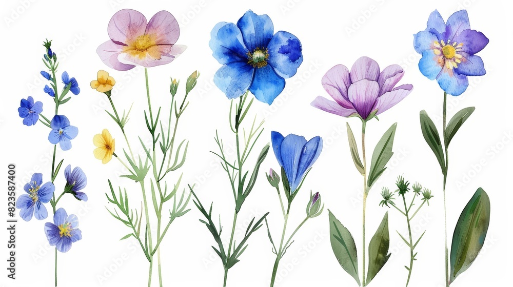 The image is a watercolor painting of a variety of flowers The image is a watercolor painting of a variety of flowers