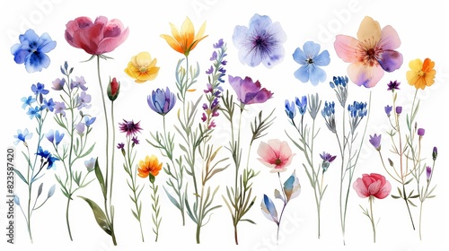 The image is a watercolor painting of a variety of flowers