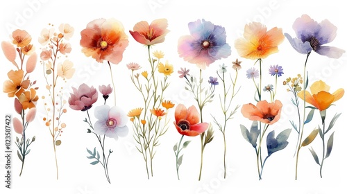 The image is a watercolor painting of a variety of flowers
