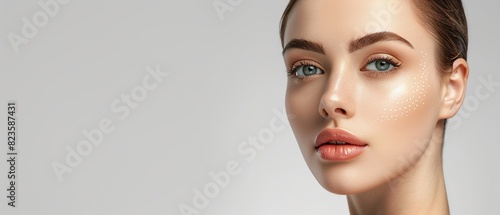 Beautiful woman with clean facial skin on beige background, Beauty facial care. photo