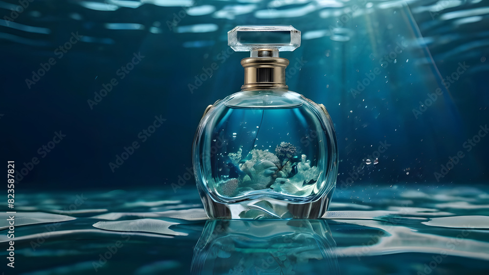 Perfume bottle on the seabed inside corals and fish very sun visible through the water Perfume bottle on the seabed inside corals and fish very sun visible through the water