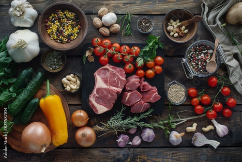 High-angle view, meticulously arranged ketogenic diet ingredients, vibrant vegetables, assorted nuts, premium cuts of meat, rustic wooden table photo