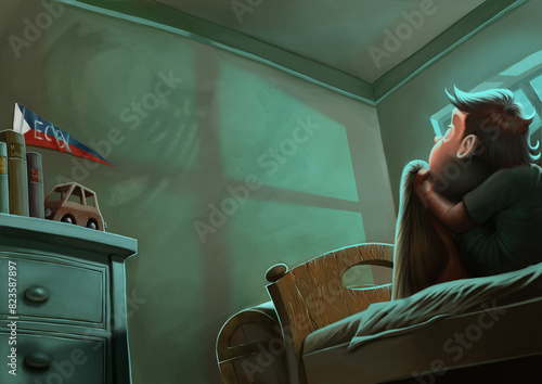 Young boy in bed covering himself with sheet in dark room afraid of stains on wall