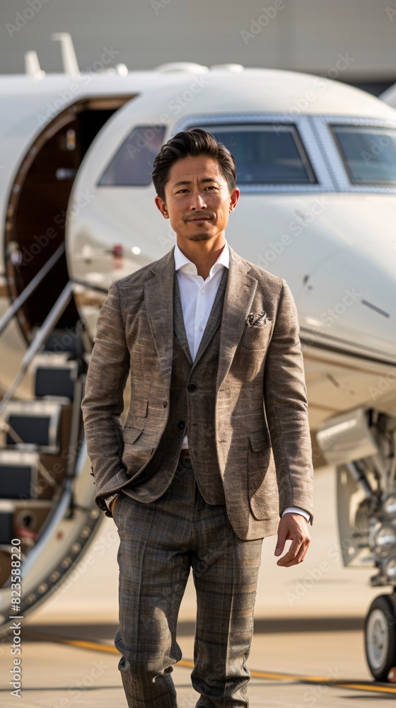 Asian businessman on airport runway