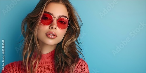 Confident young woman in red sunglasses shows off her stylish casual fashion. Concept Fashion, Sunglasses, Confident, Stylish, Casual photo