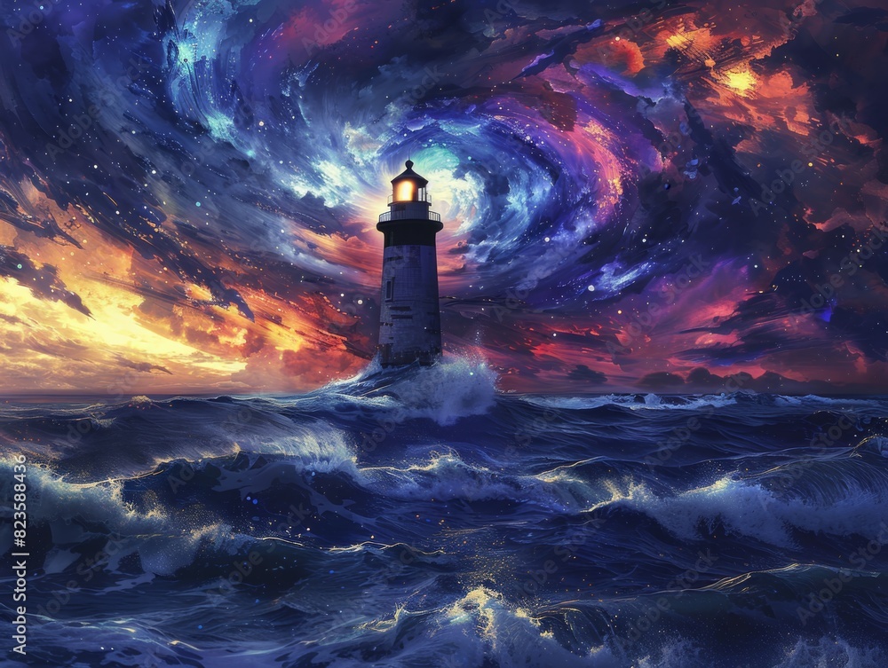 lighthouse in stormy sea with bright colorful sky