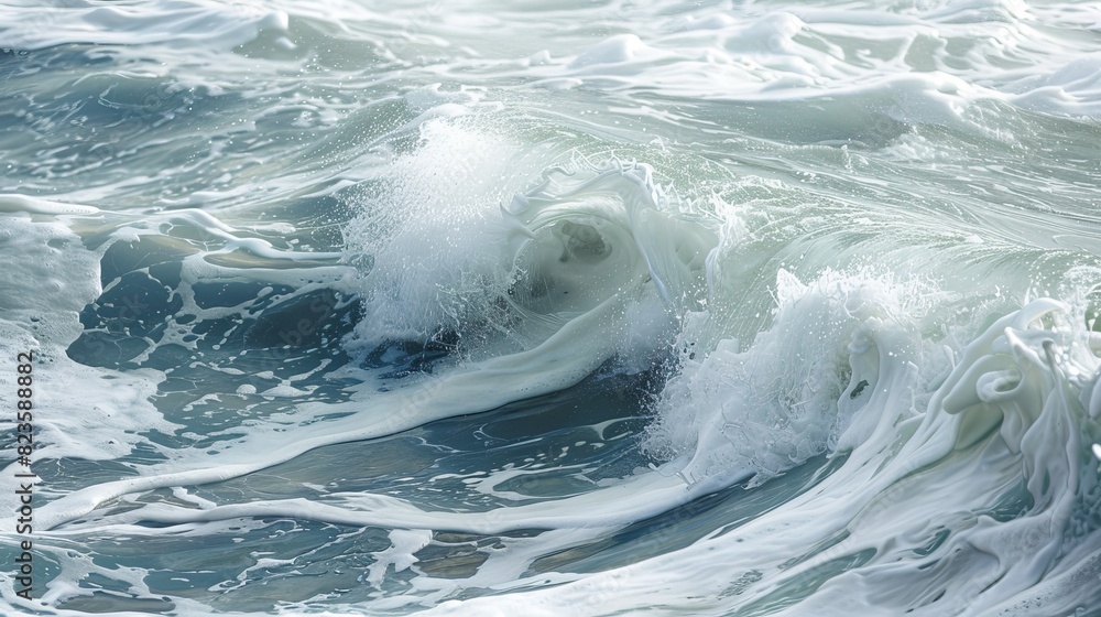 Naklejka premium Close-up of circular waves forming in the sea, raw and powerful, foam and spray visible, turbulent water
