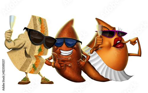 characters based on three Brazilian snacks, natural sandwich, kibbeh and coxinha