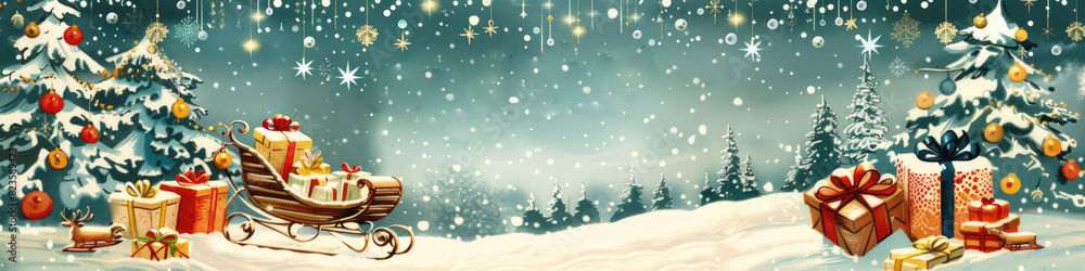Banner with magical winter scene with a snowy castle, festive sleigh with gifts, pine trees, and sparkling lights, creating a serene holiday atmosphere Banner with magical winter scene with a snowy castle, festive sleigh with gifts, pine trees, and sparkling lights, creating a serene holiday atmosphere