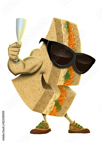 A character based on a natural Brazilian sandwich with a glass of sparkling wine in hand