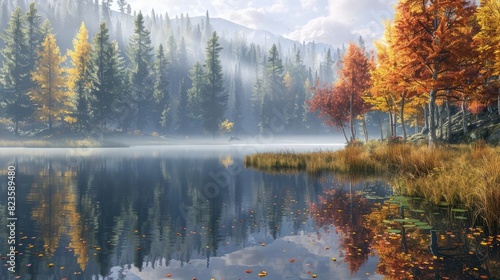 A serene lake in an autumn forest.