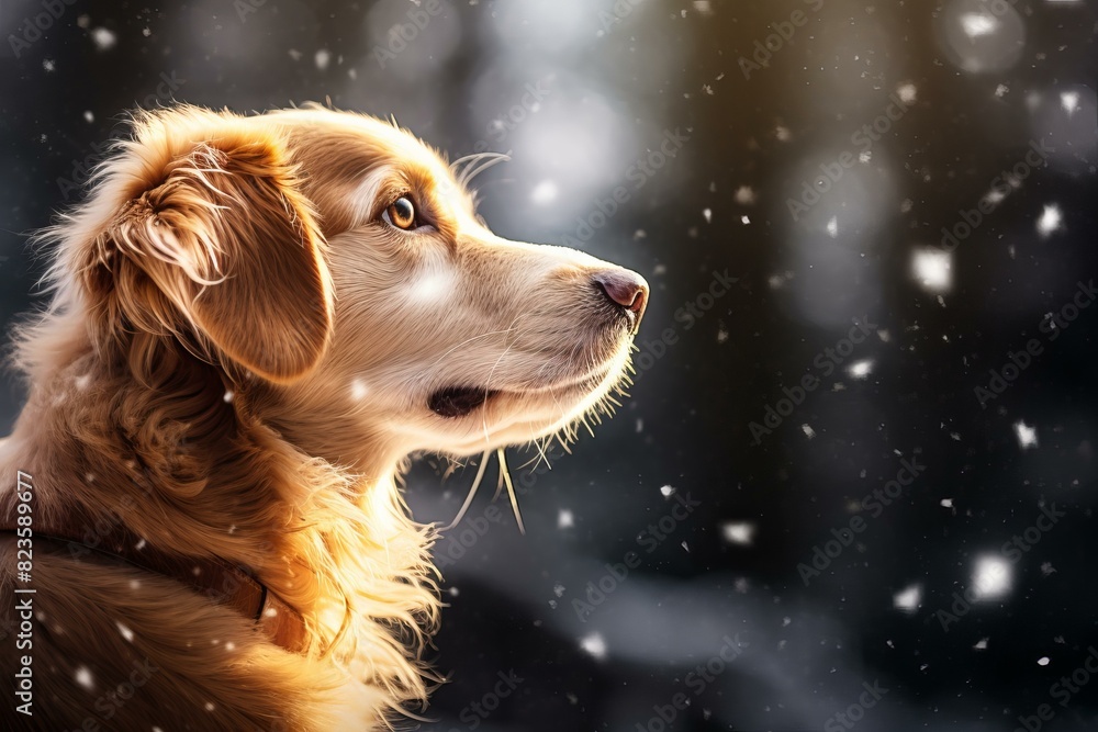 Beautiful golden retriever dog enjoying the serene snowfall in the peaceful winter wonderland, calmly watching, looking, and sniffing the snowflakes in this tranquil outdoor scene