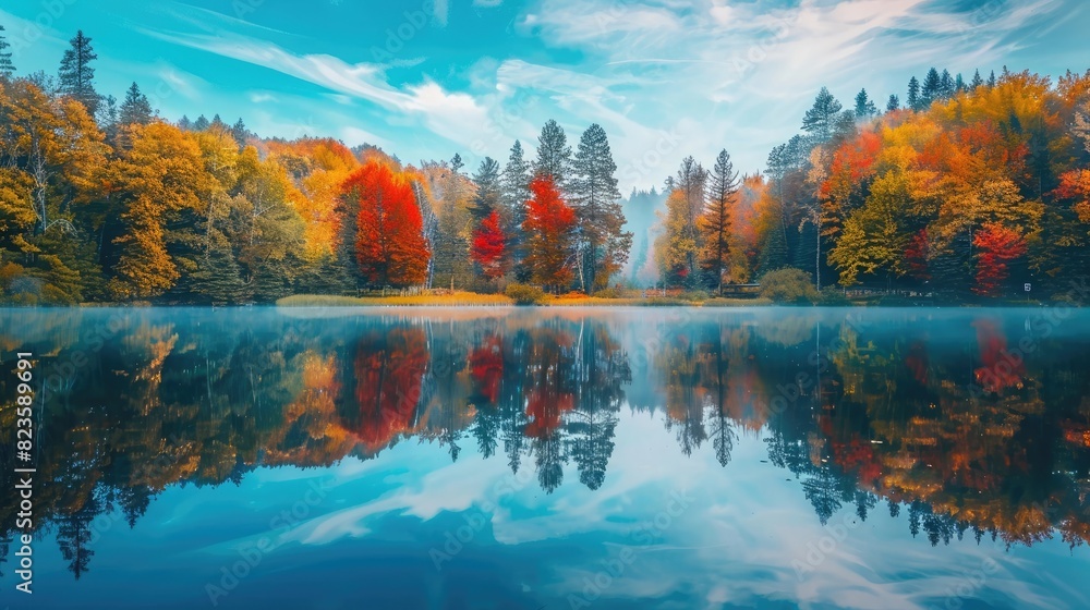 A serene lake reflecting a colorful autumn forest.