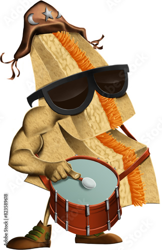 A character based on a natural Brazilian sandwich playing the zabumba, a typical instrument of the June festivals in Brazil