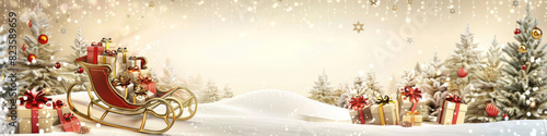 Banner with magical winter scene with a snowy castle, festive sleigh with gifts, pine trees, and sparkling lights, creating a serene holiday atmosphere