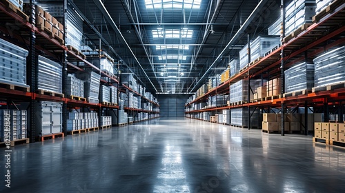 Wide angle of tidy warehouse with metal shelving and bright lights.