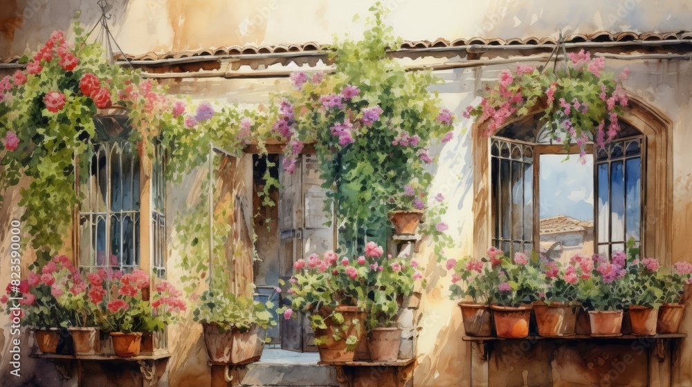 Italian window and balcony facade with flowers front view watercolor painting Italian window and balcony facade with flowers front view watercolor painting