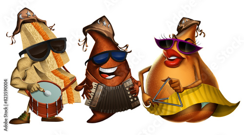 three Brazilian snacks (kibe, natural sandwich and coxinha) playing as if they were a northeastern forró trio, all wearing cangaceiro hats