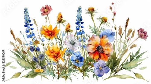 The image shows a watercolor painting of a bouquet of wildflowers