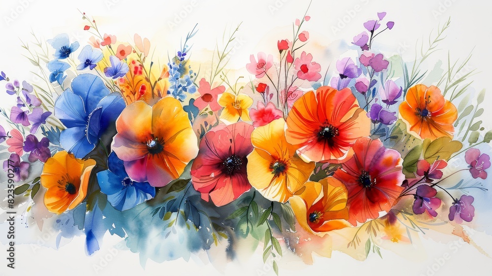 The image shows a watercolor painting of a variety of flowers, including poppies, pansies, and daisies