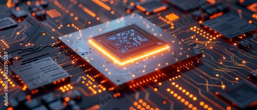 Microchip with glowing highlights on a precise motherboard photo