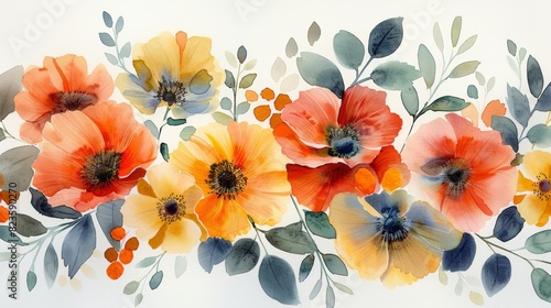 The image shows a watercolor painting of orange and yellow flowers with green leaves. The flowers are in a row and have different sizes. The painting has a soft and dreamy look.