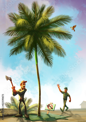 Man cutting down a palm tree and a ranger approaching