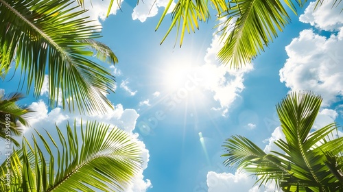 Lush Tropical Palm Trees Against Bright Blue Sky with Fluffy Clouds in Peaceful Sunny Day