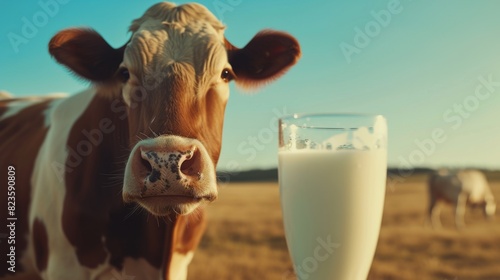 A charming image of a cow next to a full glass of milk in a sunlit pasture, epitomizing rural dairy life.