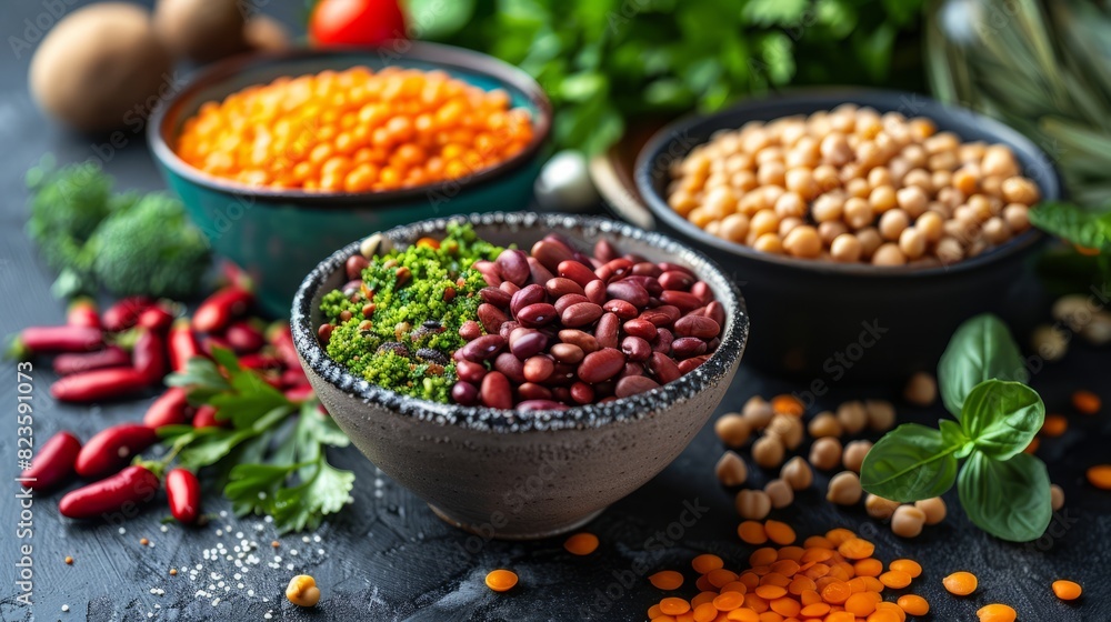 Close-up of bowls of legumes and nuts with fresh produce in vibrant colors.