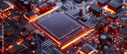 Illuminated microchip on a complex electronic motherboard