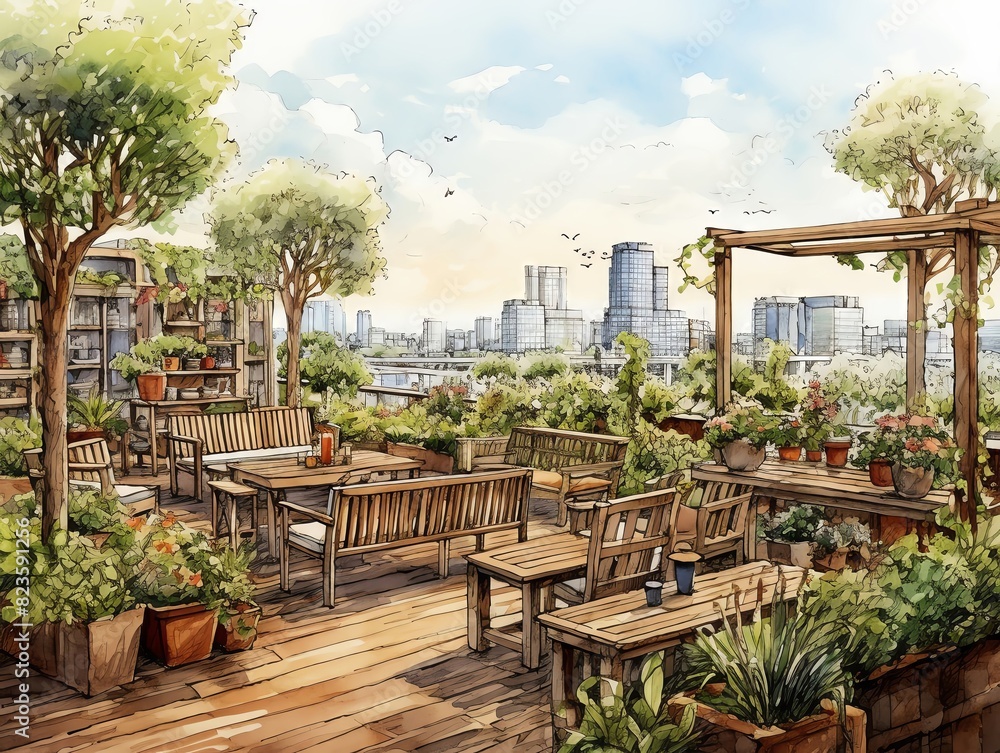 Rooftop garden cafe with wooden furniture, lush plants, and city skyline view. Perfect urban escape for relaxation and fresh air.