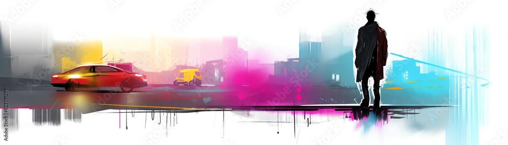 Cityscape art with silhouette of a man walking and colorful street lights, blending urban life with vibrant abstract elements. Cityscape art with silhouette of a man walking and colorful street lights, blending urban life with vibrant abstract elements.