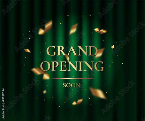 Green curtain with spotlight. Grand openning luxury banner witch golden text, foil confetti and glitter. Vector illustration