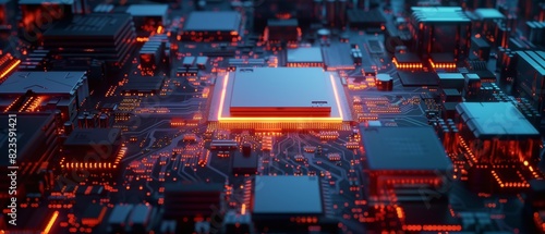 Glowing integrated circuit on a motherboard showcasing precision technology photo