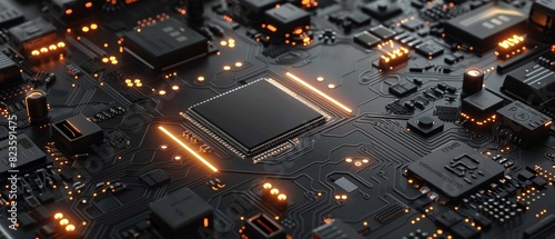 Glowing integrated circuit on a sophisticated motherboard, showcasing detailed parts