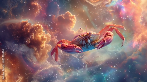 a crab floating in a nebulous dreamscape, surrounded by ethereal colors and fantastical creatures