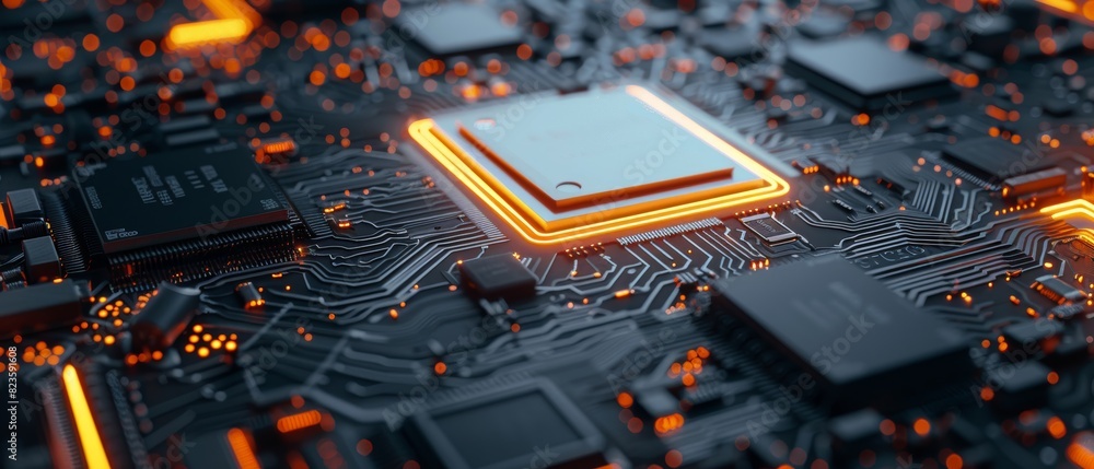 Glowing computer chip on a hightech motherboard with visible electronic details Glowing computer chip on a hightech motherboard with visible electronic details