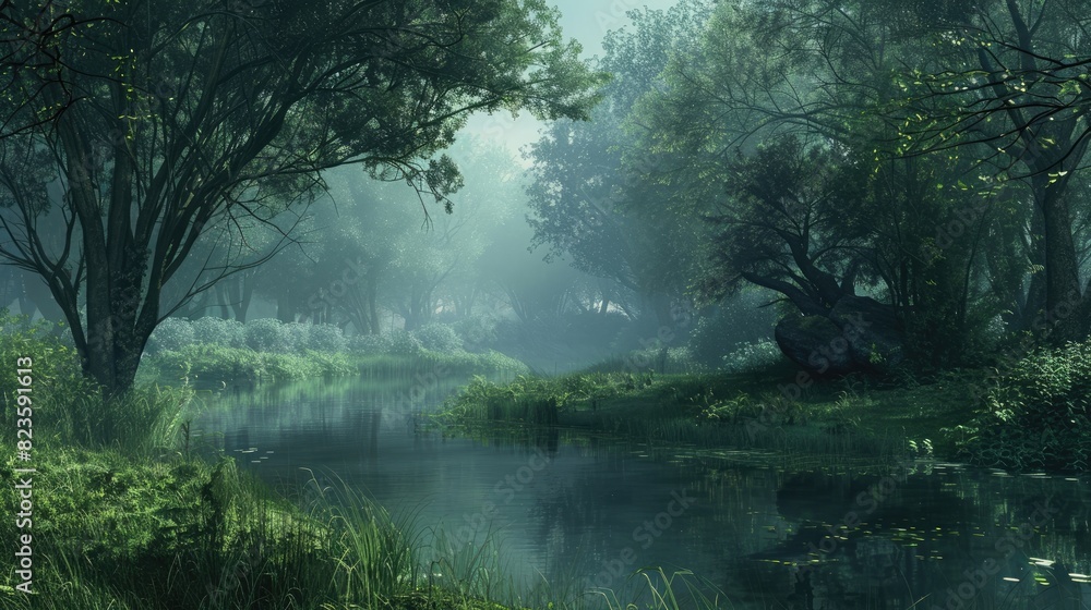 A serene, misty morning in a tranquil forest.