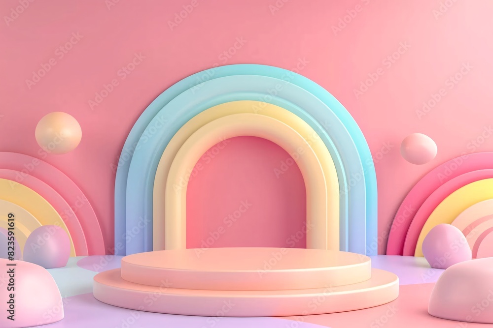 a pink and blue podium with a rainbow arch