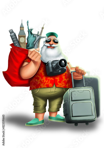 Santa Claus with suitcases ready to return from vacation, he carries a bag with various souvenirs that he bought on the trip