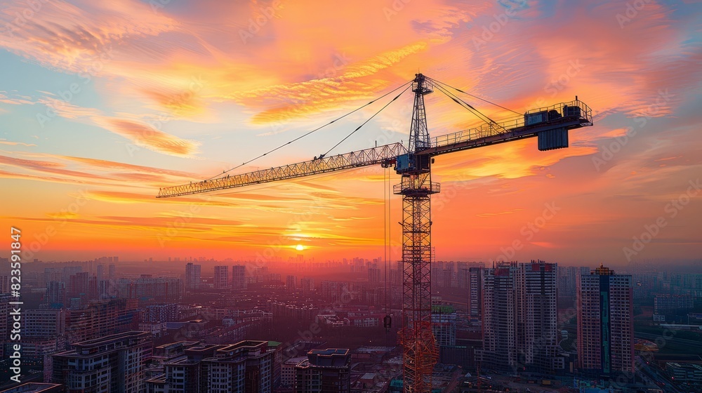 Construction crane towering over cityscape at sunset with vibrant orange and yellow sky.