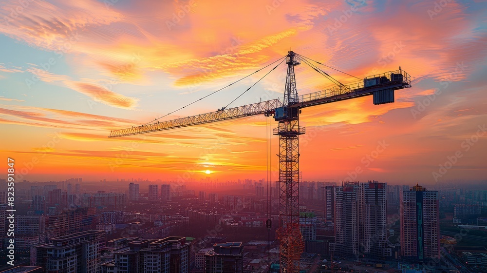 Construction crane towering over cityscape at sunset with vibrant orange and yellow sky. Construction crane towering over cityscape at sunset with vibrant orange and yellow sky.